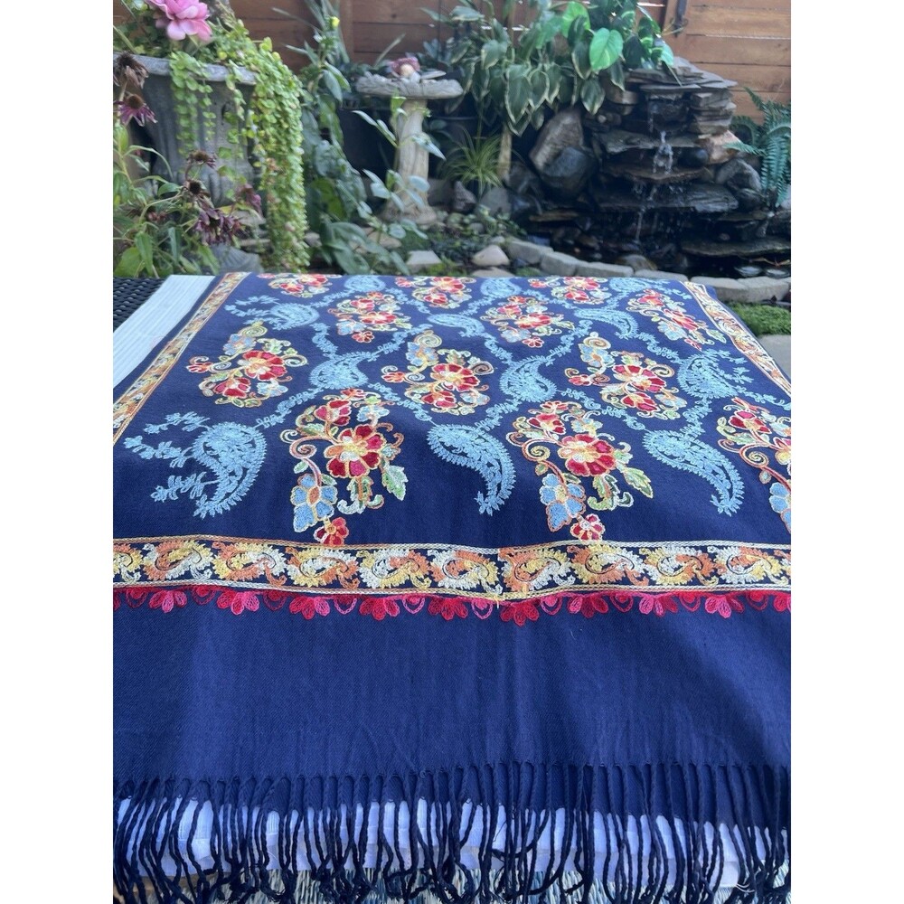 Kashmiri Pashmina Shawl 80x28 Navy Blue Embroidered Cashmere Scarf